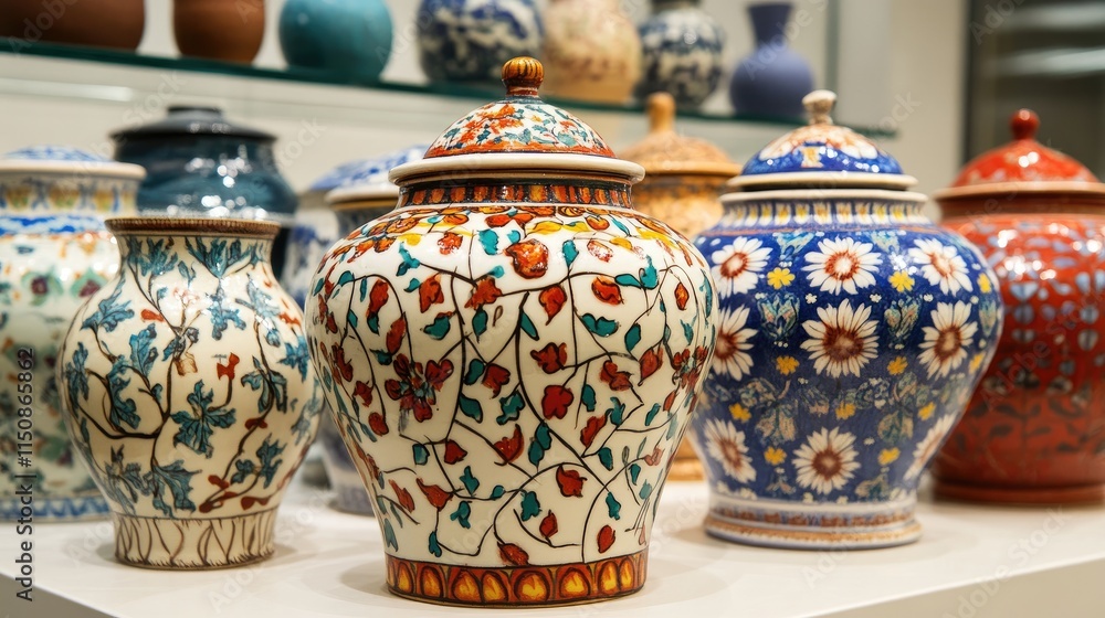 Poster colorful decorative jars with intricate patterns in display case