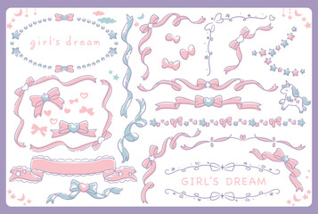 ゆめかわ、ガーリーなリボンのフレーム・デザイン素材。ベクターイラスト素材。