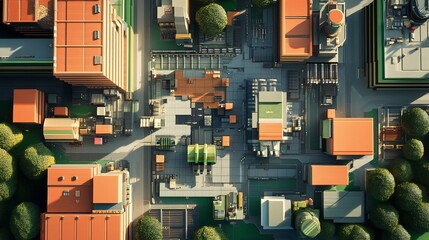 Aerial view of industrial city block with buildings, roads, and trees.