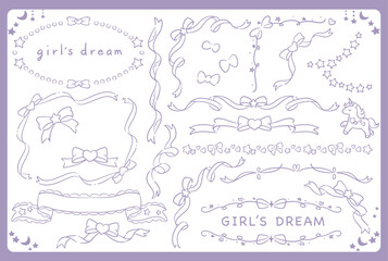 ゆめかわ、ガーリーなリボンのフレーム・デザイン素材。ベクターイラスト素材。