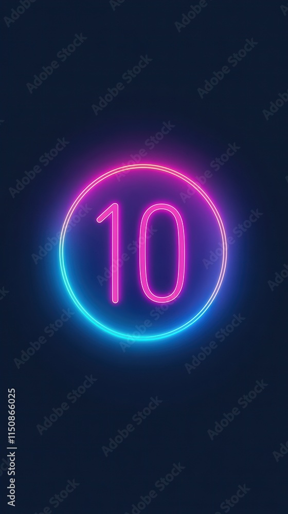Poster blue neon glowing countdown timer with bright glow from 10 to 0 in a circular design against dark ba