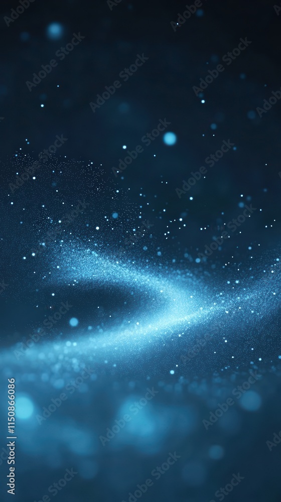 Poster abstract blue particles twirling and flying against dark background in ethereal motion design with s