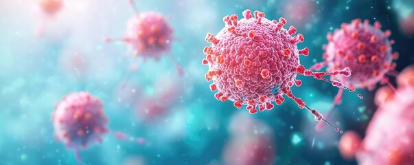 Fototapeta premium Multiple sclerosis disease concept. Close-up view of a virus cell in a colorful microscopic environment.