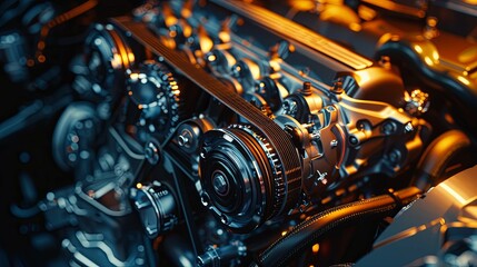 Close-up of a meticulously detailed serpentine belt and engine components.