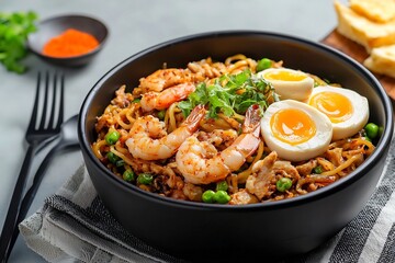 Appetizing Asian Street Food Dish with Noodles Rice Seafood and Vegetables in Bowl