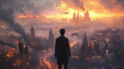 Man silhouetted against a futuristic, dystopian city at sunset, with pollution and aircraft visible.