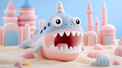 Cute cartoon shark toy with pastel background and colorful elements