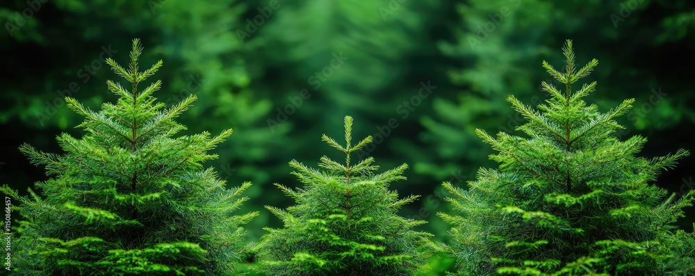 Poster lush evergreen trees creating a serene and calming forest atmosphere.