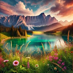 A lake in the middle of a forest with big mountains.