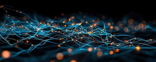 Multiple sclerosis disease concept. Abstract digital network with glowing blue lines and colorful nodes.