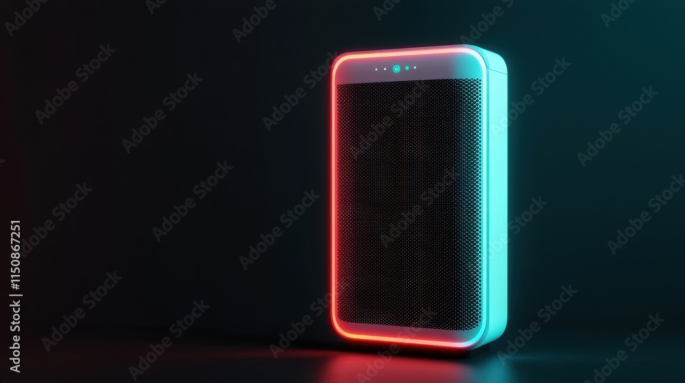 Poster a futuristic smartphone with neon lighting, displaying binary code on its surface against a dark bac