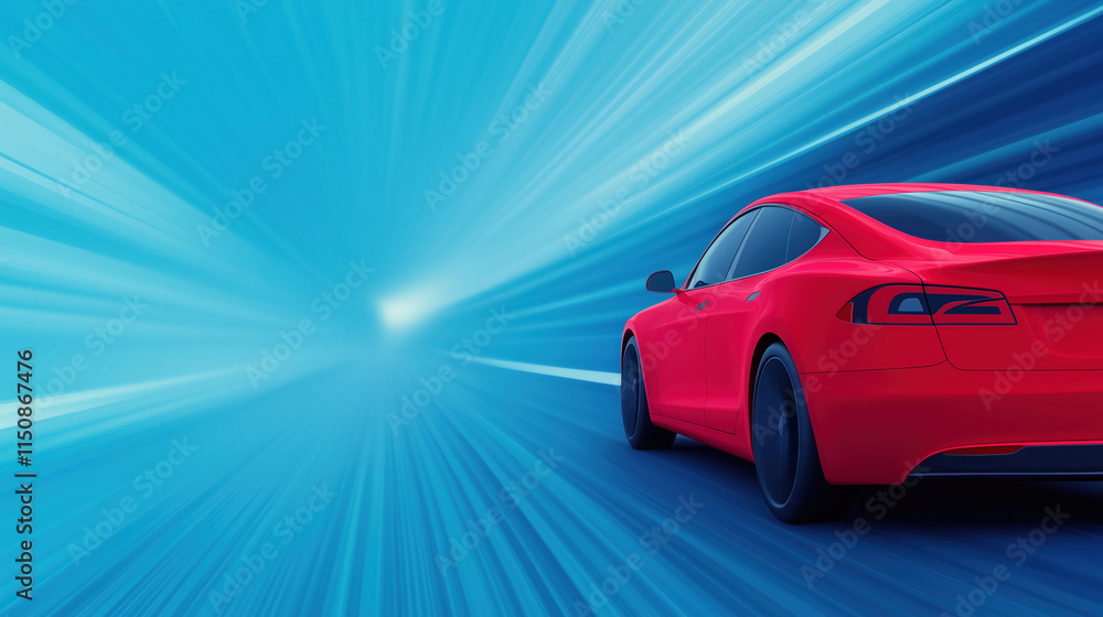 Poster red car racing through a futuristic tunnel with blue light streaks in dynamic motion and speed empha