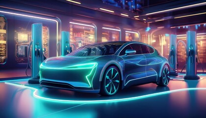 A futuristic electric car illuminated by neon lights, charging at a sleek station in a vibrant, modern setting.