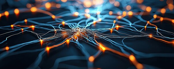 Multiple sclerosis disease concept. Abstract representation of a digital network with glowing connections and nodes.