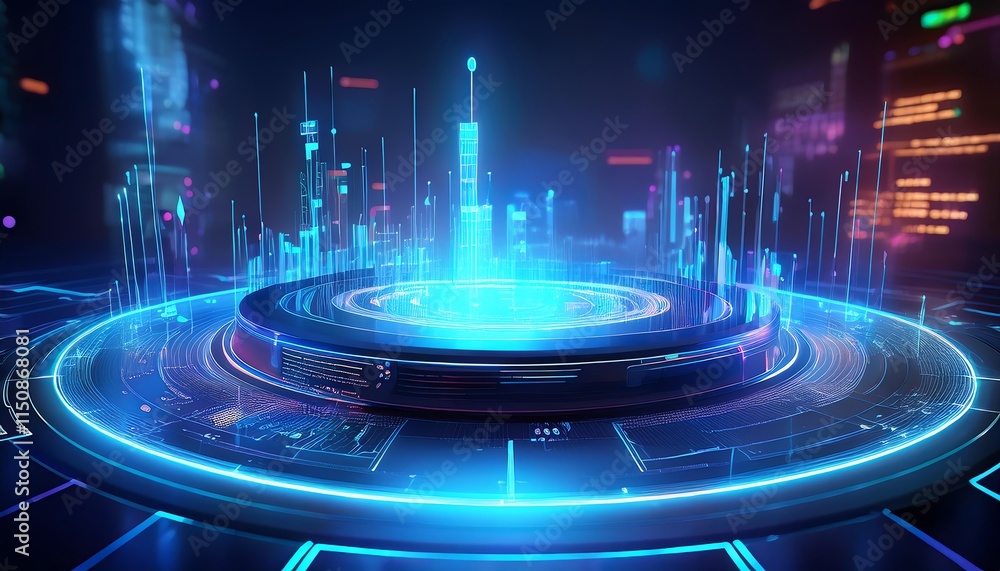 Aufkleber a futuristic digital landscape featuring glowing blue elements and data streams, creating a high-tec