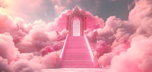 Shimmering,stairs,leading,to,a,divine,gate,surrounded,by,pink,and,clouds,,
