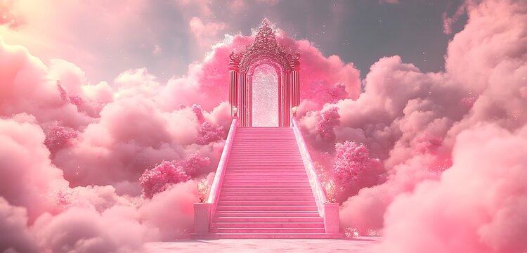 Shimmering,stairs,leading,to,a,divine,gate,surrounded,by,pink,and,clouds,,