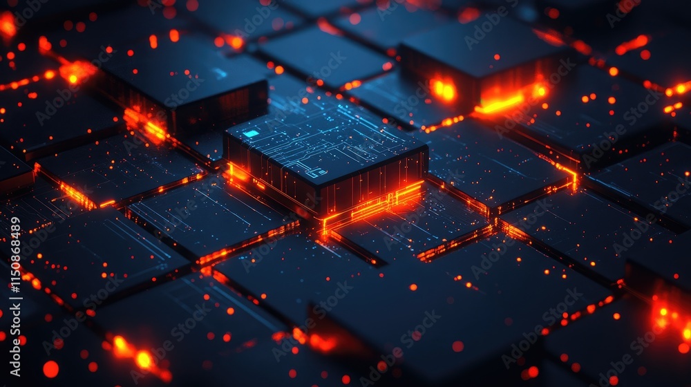 Poster abstract digital circuit board with glowing elements and flare effects