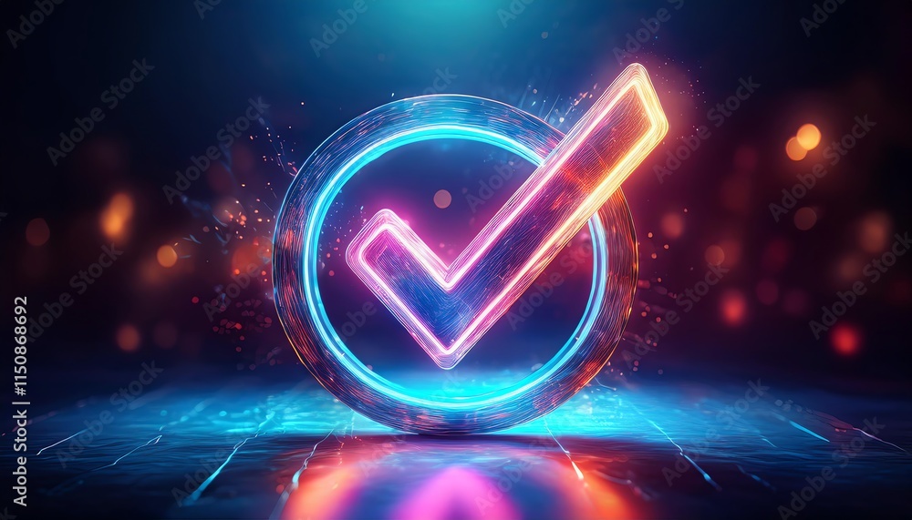 Poster a glowing checkmark icon in a circular design, illuminated by vibrant neon colors against a dark bac