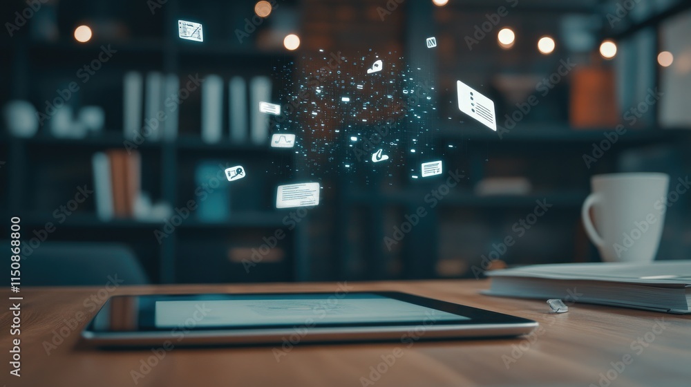 Poster digital technology concept with floating icons and tablet device
