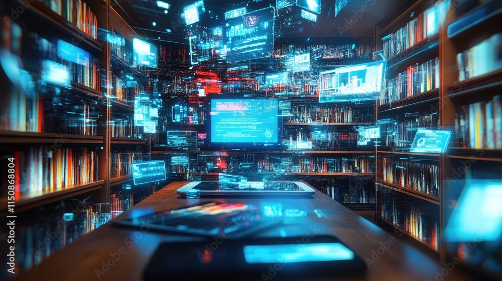 Poster digital library concept with floating data and interactive screens