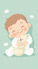 Happy Baby Boy Hugging His Teddy Bear Toy