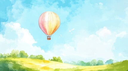 Obraz premium Pastel hot air balloon floats gently above a serene landscape. Watercolor painting.