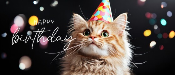 Adorable Kitten Celebrates Birthday with Festive Party Hat and Confetti