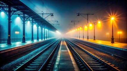 Naklejka premium Foggy Night Railway Station Landscape Photography: Deserted Platform, Glowing Lights, Atmospheric Scene