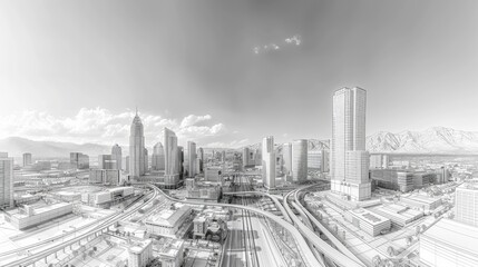 Monochrome cityscape panorama showcasing skyscrapers, highways, and mountains under a bright sky.