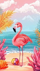 Flamingo Beach Scene With Colorful Soccer Ball