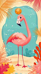 Obraz premium Flamingo Playing Soccer on Tropical Beach Scene