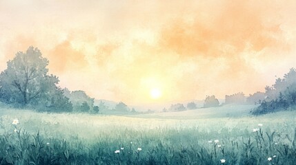 Fototapeta premium Serene sunrise over a tranquil field, painted in soft pastel hues.