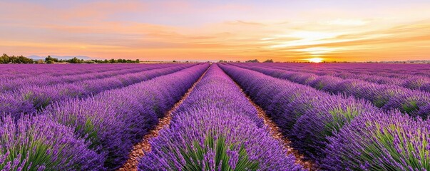 Obraz premium Serene nature idea. Vibrant lavender field at sunset displaying rows of blooming purple flowers.