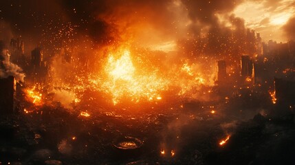 Burning city engulfed in flames and smoke.