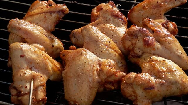Tongs flip marinated chicken wings on wooden skewers onto a grill over a fire. Close-up. High quality 4k footage
