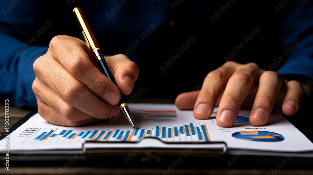 Poster strategic analysis: a close-up of a hand, pen poised over a clipboard displaying financial graphs an