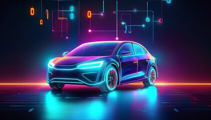 Naklejka premium A futuristic electric car illuminated with vibrant neon lights, showcasing a digital backdrop of technology and innovation.