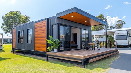 Fototapeta premium Modern Prefabricated House Surrounded by Green Landscape and Sky