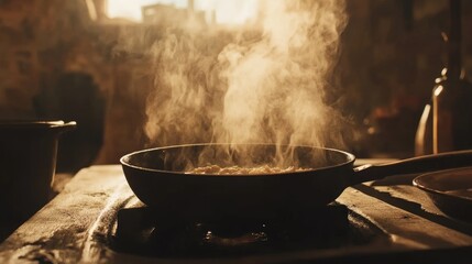 Cooking with steam rising in a skillet on a rustic stove