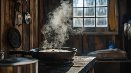 Cooking in a Rustic Kitchen with Steam Rising from a Pan