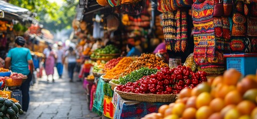 Fototapeta premium Bustling traditional market with colorful produce and textiles.