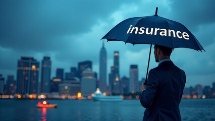A professional holding an umbrella with the word "INSURANCE" written on it, standing in front of cityscape and icons representing different types of insurance products. NEW IMAGE 