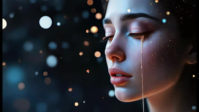 Young Latina woman with tear drops in dramatic, emotive portrait featuring bokeh lights.