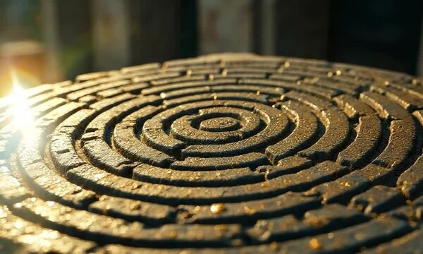 Rotating spiral stone antique labyrinth. Suitable for the theme of history, mysticism or the concept of a difficult path.