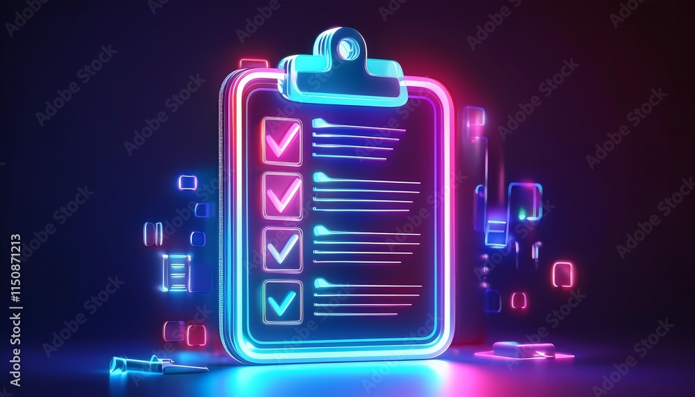 Poster a glowing clipboard with checkmarks against a dark background, symbolizing task completion and organ