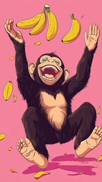 Happy Chimpanzee Playing With Bananas In Air