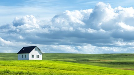 Serene White House on Green Hill Under Bright Blue Sky and Clouds