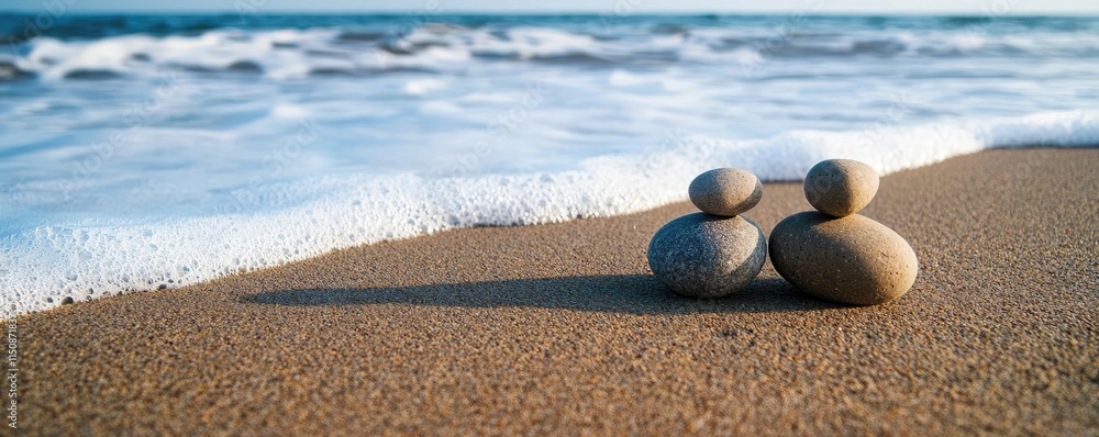 Poster serene nature concept. two smooth stones on a sandy beach with gentle waves lapping in the backgroun