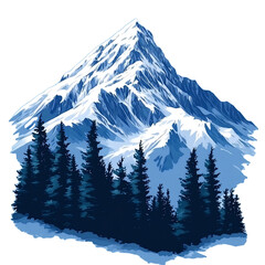 Snow-capped mountain peak with pine trees at the base, vector art, isolated